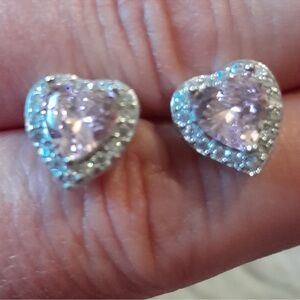 Heart-Shaped Silver and Pink Stud Earrings NWOT
